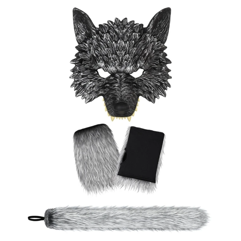 2/3Pcs Halloween Costume Wolf Suit Wolf Mask,Wolf Foxes Tail,Gloves Set Halloween Dress-Up Accessories Gift-animated-img