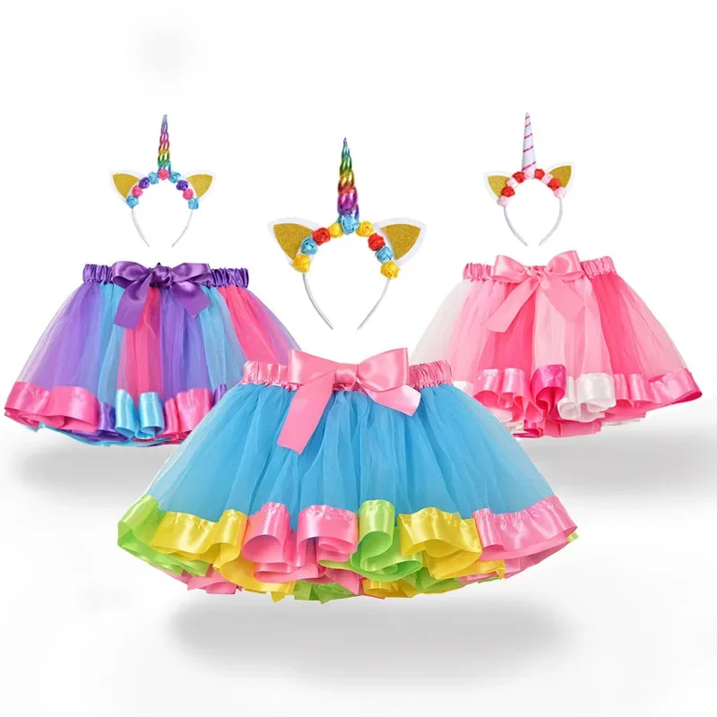 Baby Tutu Skirt Kids Clothes Outfits Baby Girls Skirt Sweet Cute Toddler Children Tulle Skirt Unicorn Headband Rainbow Skirt-animated-img