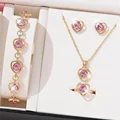 5PCS Set Gold-Color Heart Shaped Jewelry Sets Of Ring Earrings Necklace For Women Elegance Rhinestone Double Heart Jewelry preview-2