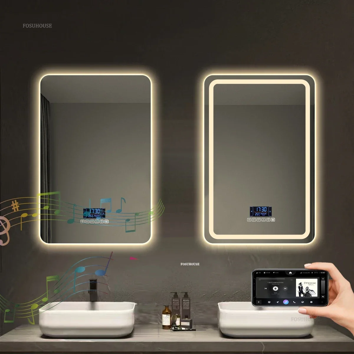 Smart Bath Mirrors Square Touch Screen Bathroom Mirror Home Wall-mounted Lighted Anti-fog Makeup Mirrors Bathroom Fixture Z-animated-img