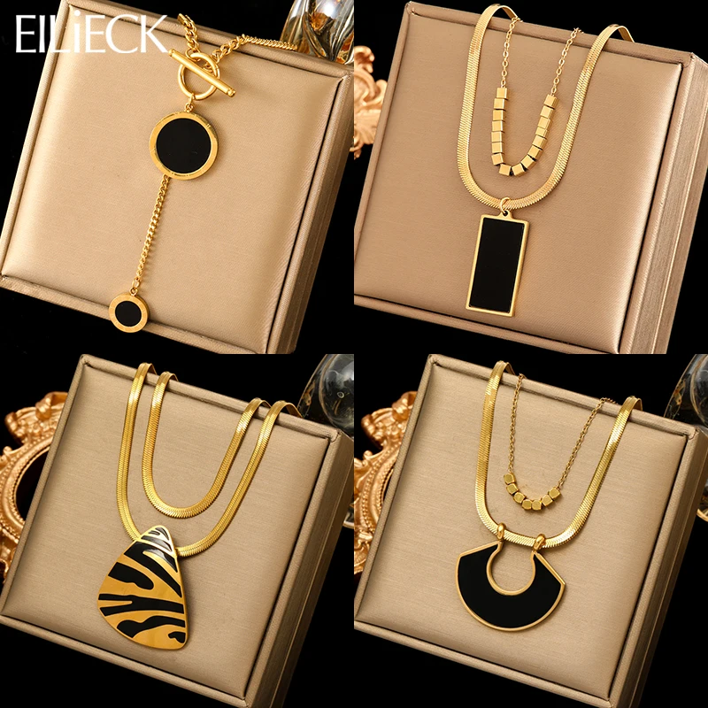 EILIECK 316L Stainless Steel Round Square Tiger Stripe Pendant Necklace For Women Fashion 2-Layers Neck Chian Waterproof Jewelry-animated-img