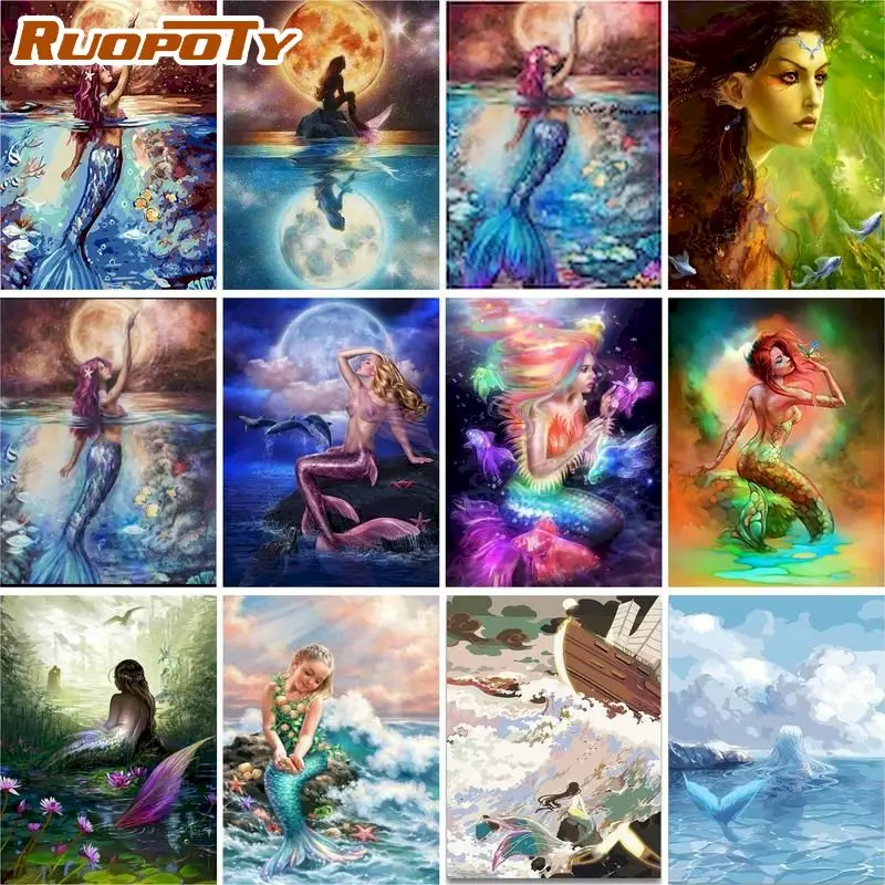 RUOPOTY Frameless Painting By Numbers For Adult Mermaid Paint By Numbers On Canvas DIY Number Painting Animals Home Decor-animated-img