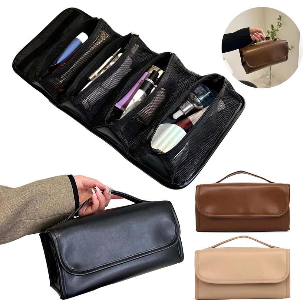 Foldable Cosmetic Bag Waterproof PU Leather Solid Color Makeup Pouch Travel Portable Wash Toiletry Storage Bag Organizer Purse-animated-img