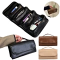 Foldable Cosmetic Bag Waterproof PU Leather Solid Color Makeup Pouch Travel Portable Wash Toiletry Storage Bag Organizer Purse