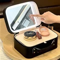 LED Lighted Cosmetic Case Mirror Makeup Storage Bag Portable Travel Waterproof PU Leather Adjustable luminance Large Capacity