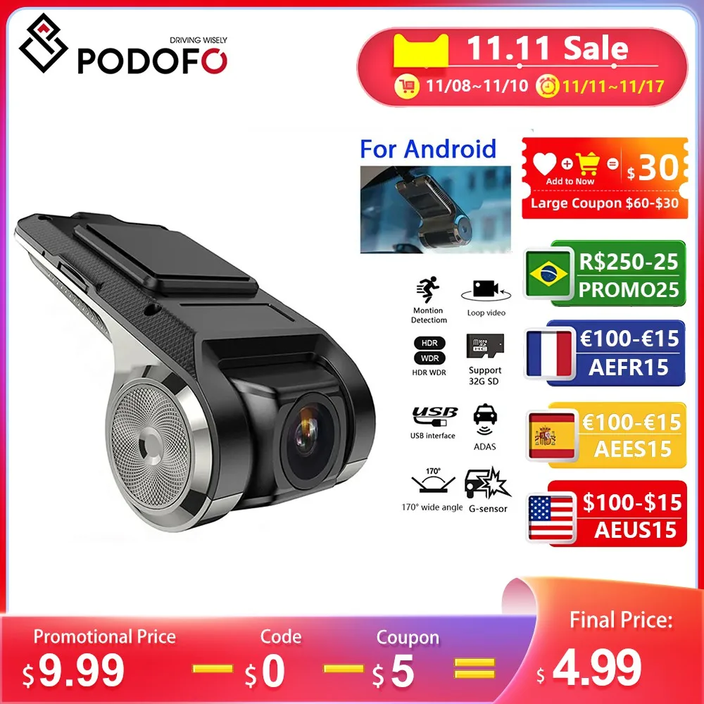 Podofo HD Dash Cam Dvr Dash Camera Car DVR ADAS Dashcam android dvr Car  recorder dash cam Night Version HD 720P Auto Recorder