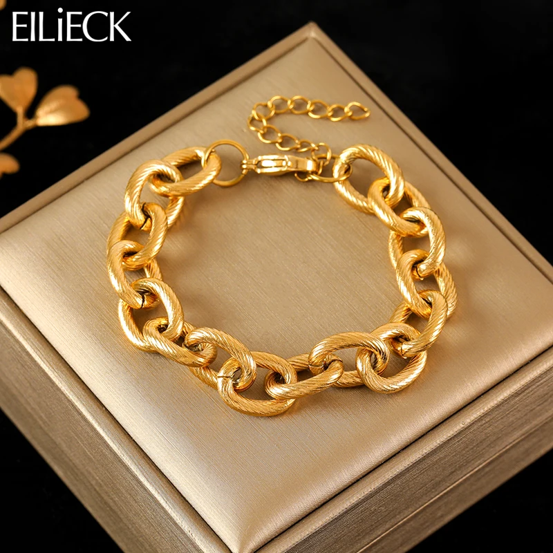 EILIECK 316L Stainless Steel Gold Color Thick Chain Bracelet For Women Men New Trendy Waterproof Wrist Chain Jewelry Gift Party-animated-img