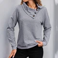 Women's Heathered Loose Fit Sweatshirt, Overlap Button Collar Sweater, Mock Neck Raglan Sleeve Buttoned Hoodie Grey Casual Tops preview-4