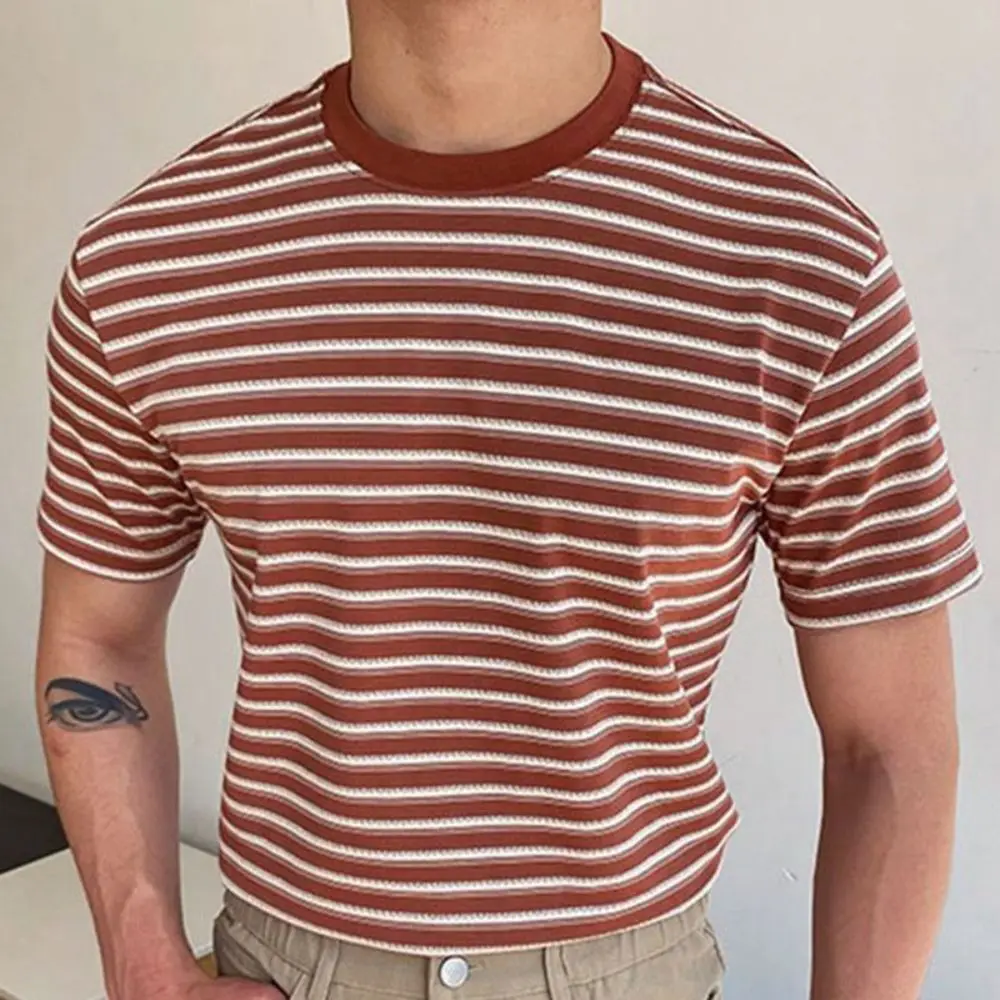 Men's Fashion Horizontal Stripe Round Neck Short Sleeve T-shirt Summer Fashion Leisure Flexibility T Shirts Athletic Men's Tee-animated-img