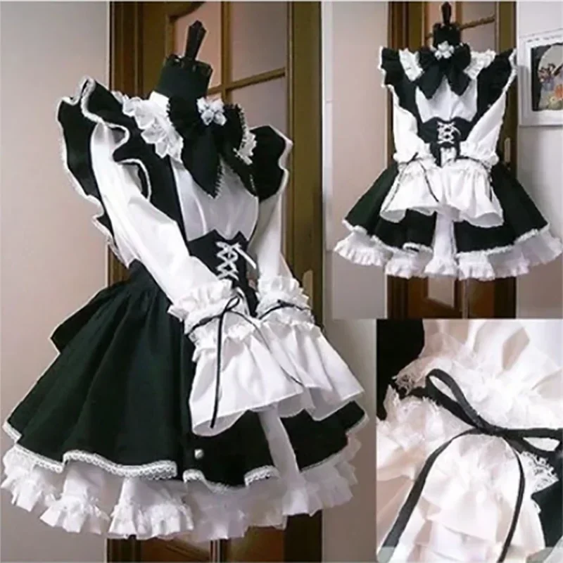 Women Maid Outfit Lolita Cosplay Cute Sexy Erotic Kawaii Cafe Costume Black White Men Uniform Apron Dress Cute Bow Mucama-animated-img