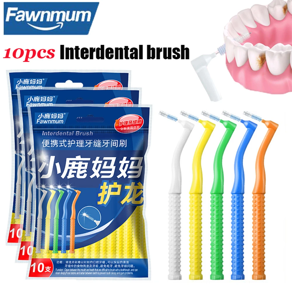 Fawnmun 10Pcs/Bag L-Shape Interdental Brush For Dental Orthodontic Push-Pull Cleaning Brush Between Teeth Oral Hygiene Care-animated-img