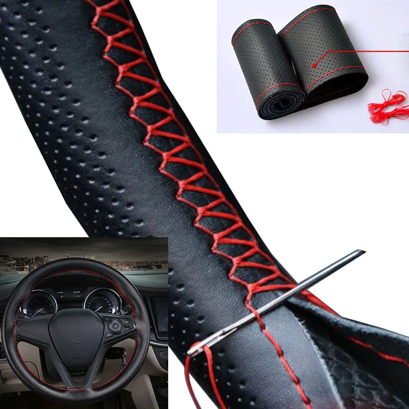 Car Steering Wheel Cover Needles And Braid Thread Artificial Leather Car Covers Suite 3 Color DIY Texture Soft Auto Accessories-animated-img