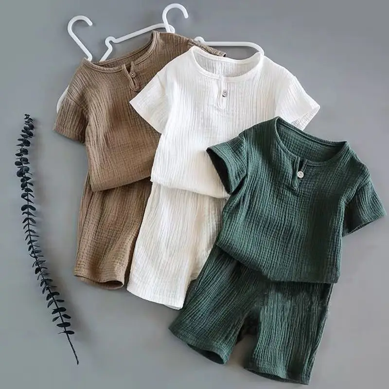 Cotton Linen Muslin Kids Clothes Girls Outfit Summer Boy Clothing Sets Solid Short Sleeve Tops Shorts Children Clothing 2-7Years-animated-img