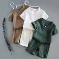 Cotton Linen Muslin Kids Clothes Girls Outfit Summer Boy Clothing Sets Solid Short Sleeve Tops Shorts Children Clothing 2-7Years