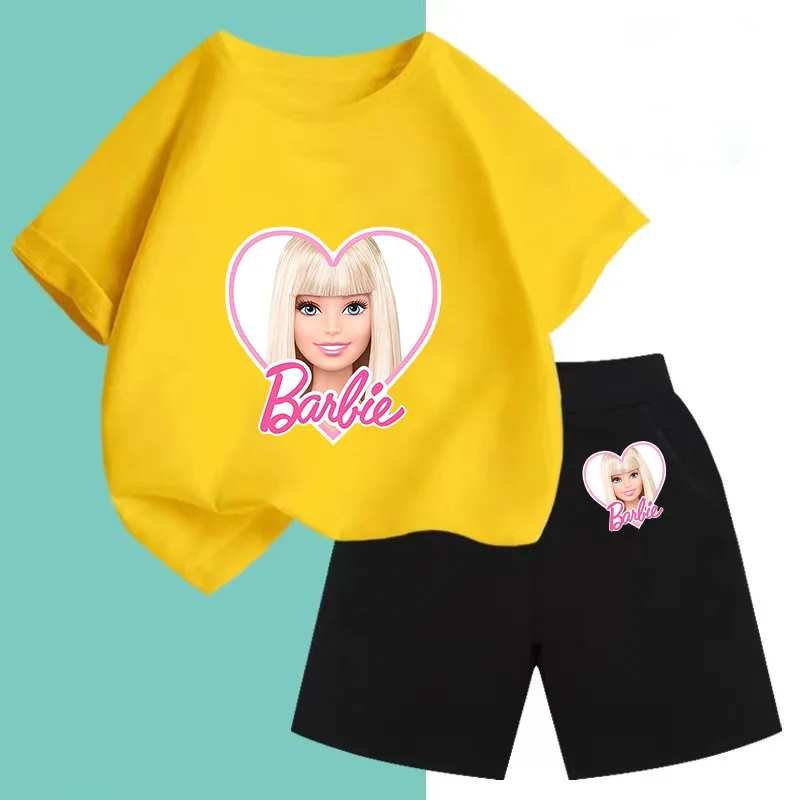 2024 New Summer Disney Barbie Children's Clothing Casual Children's Print Cartoon T-shirt Set Cute T-shirt for Boys and Girls-animated-img