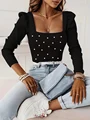 T Shirt For Women Knitted Long Sleeve Tops Pink Pulovers Square Collar Pearl Shirts & Blouses Winter Youthful Woman Clothes 2023 preview-5