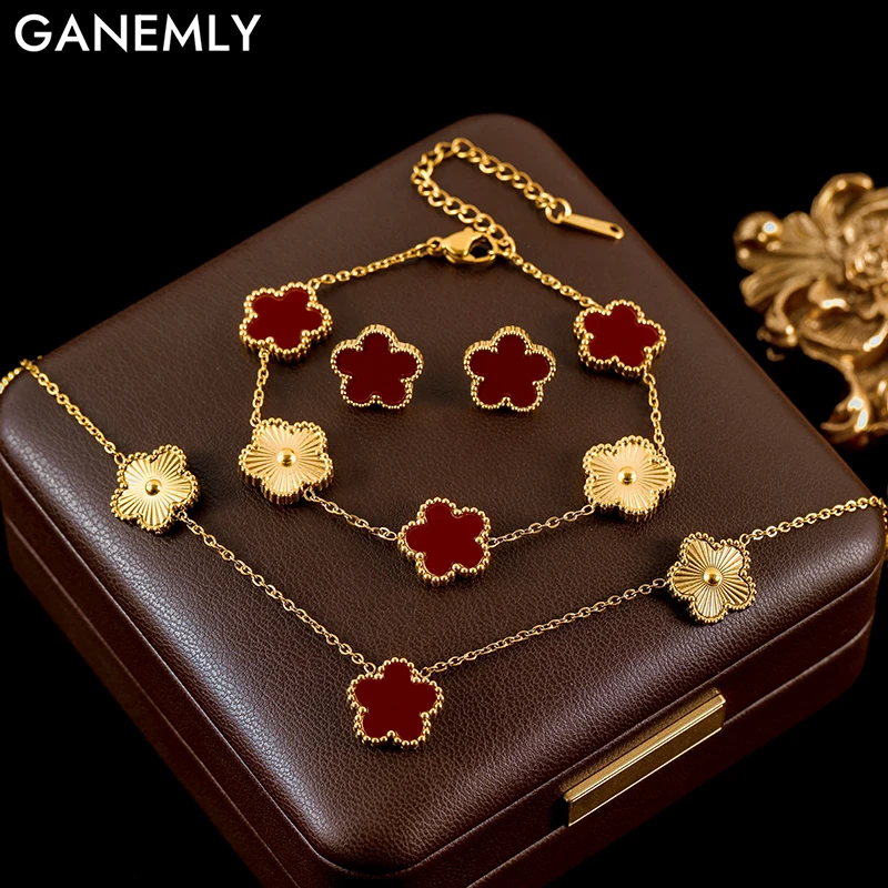 GANEMLY 316L Stainless Steel Red Plum Blossom Plant Leaf Flower Set Reversible Necklace Earrings Bracelet Women Clover Jewelry-animated-img