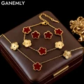 GANEMLY 316L Stainless Steel Red Plum Blossom Plant Leaf Flower Set Reversible Necklace Earrings Bracelet Women Clover Jewelry