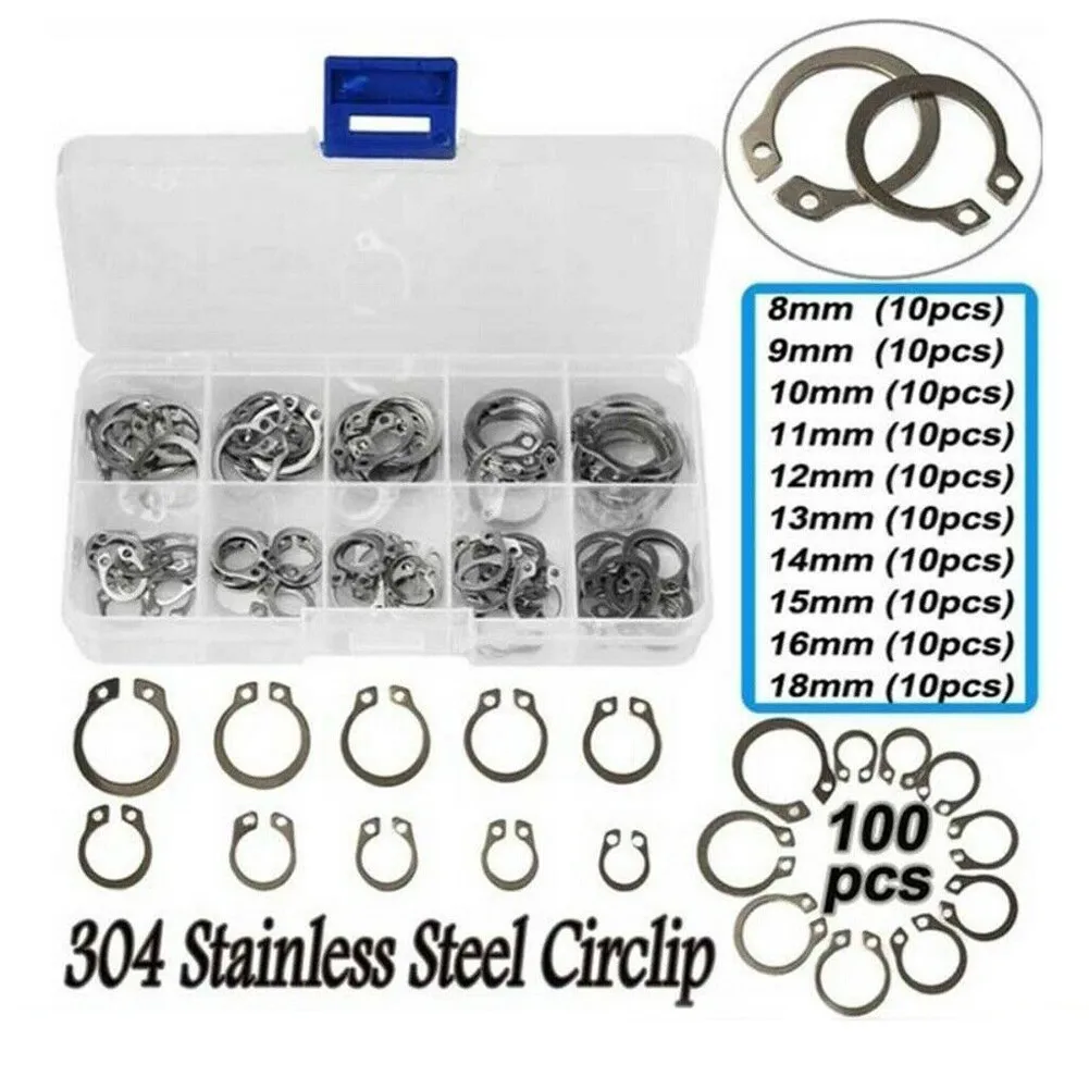 100pcs 304 Stainless Steel External Circlip Retaining Ring Assortment 8-18mm Kit Car Circlips Ring-animated-img