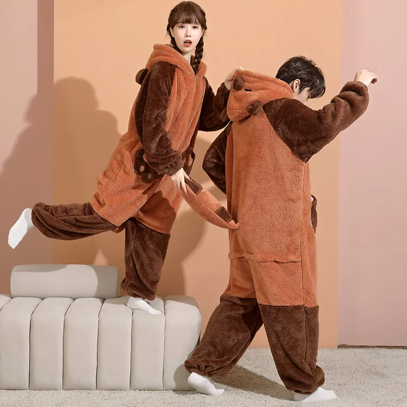 Winter Couple Pajamas Adults One-piece Jumpsuit Animal Sleepwear Tiger Onesies Pyjamas Thicken Hooded Cartoon Women Men Homewear-animated-img