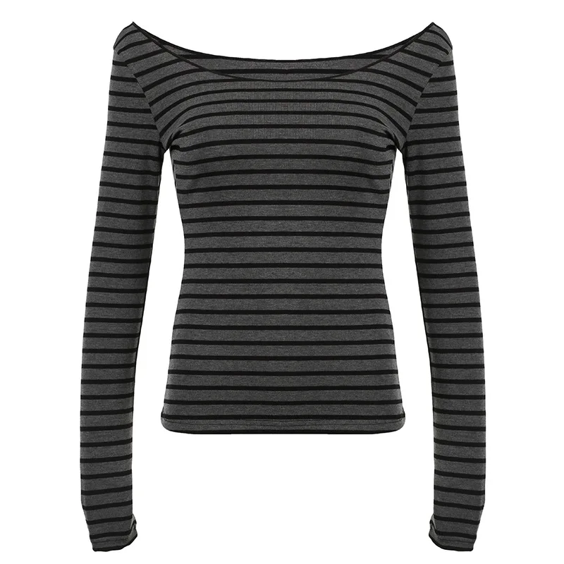 Spring Fall Women's New Japanese Basic Models Slim Long-Sleeved Striped t-Shirt Strapless Korean Street Style y2k Thin Tops-animated-img