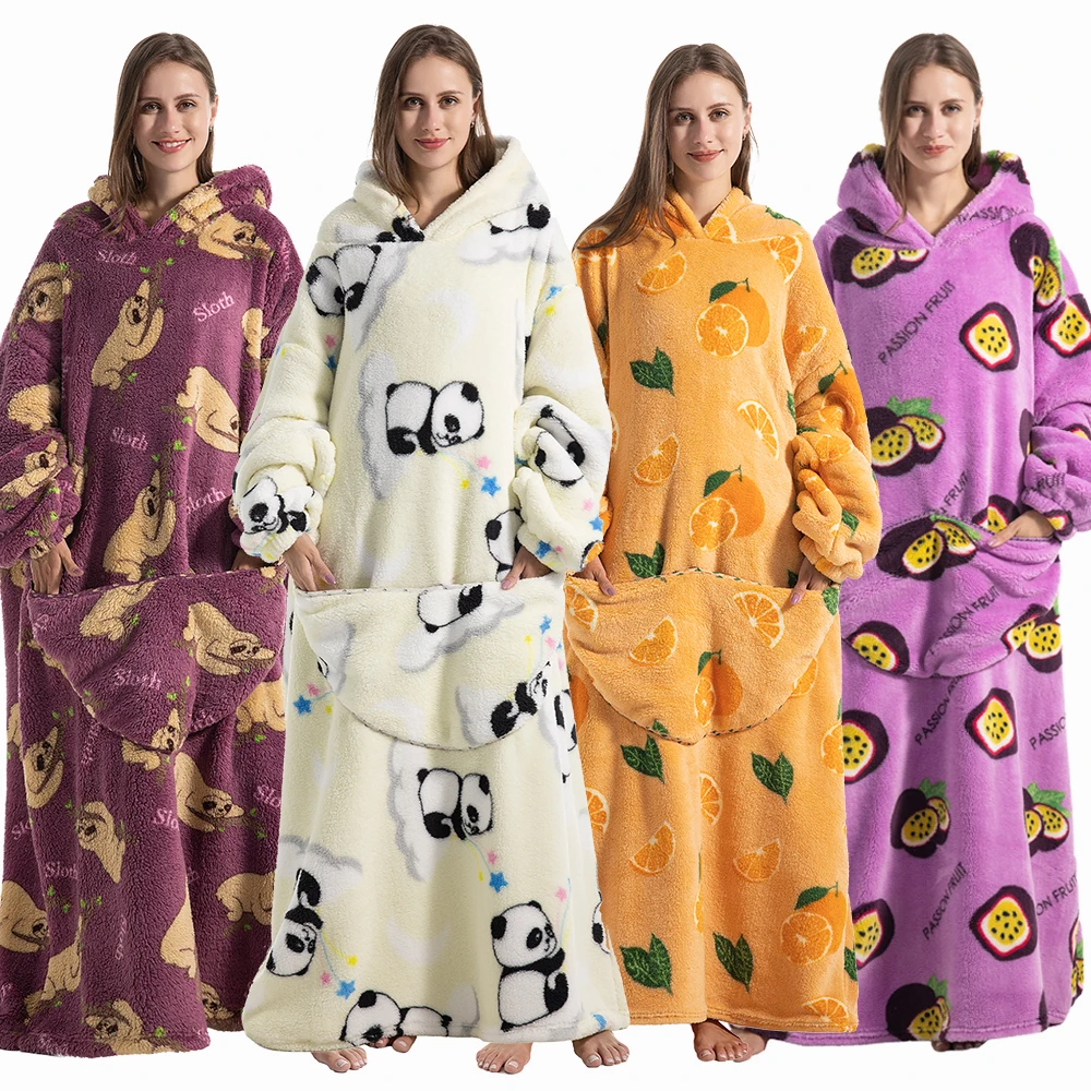 Women Plush Fleece Blanket Men Warm Thick Hoodies Adult Giant TV Blanlets with Sleeves Super Long Cold-proof Homewear Pajamas-animated-img