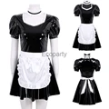 Women Sexy Glossy Patent Leather Maid Cosplay Costume Black Ruffles Apron A-Line Dress French Waitress Outfit Sexy Clubwear