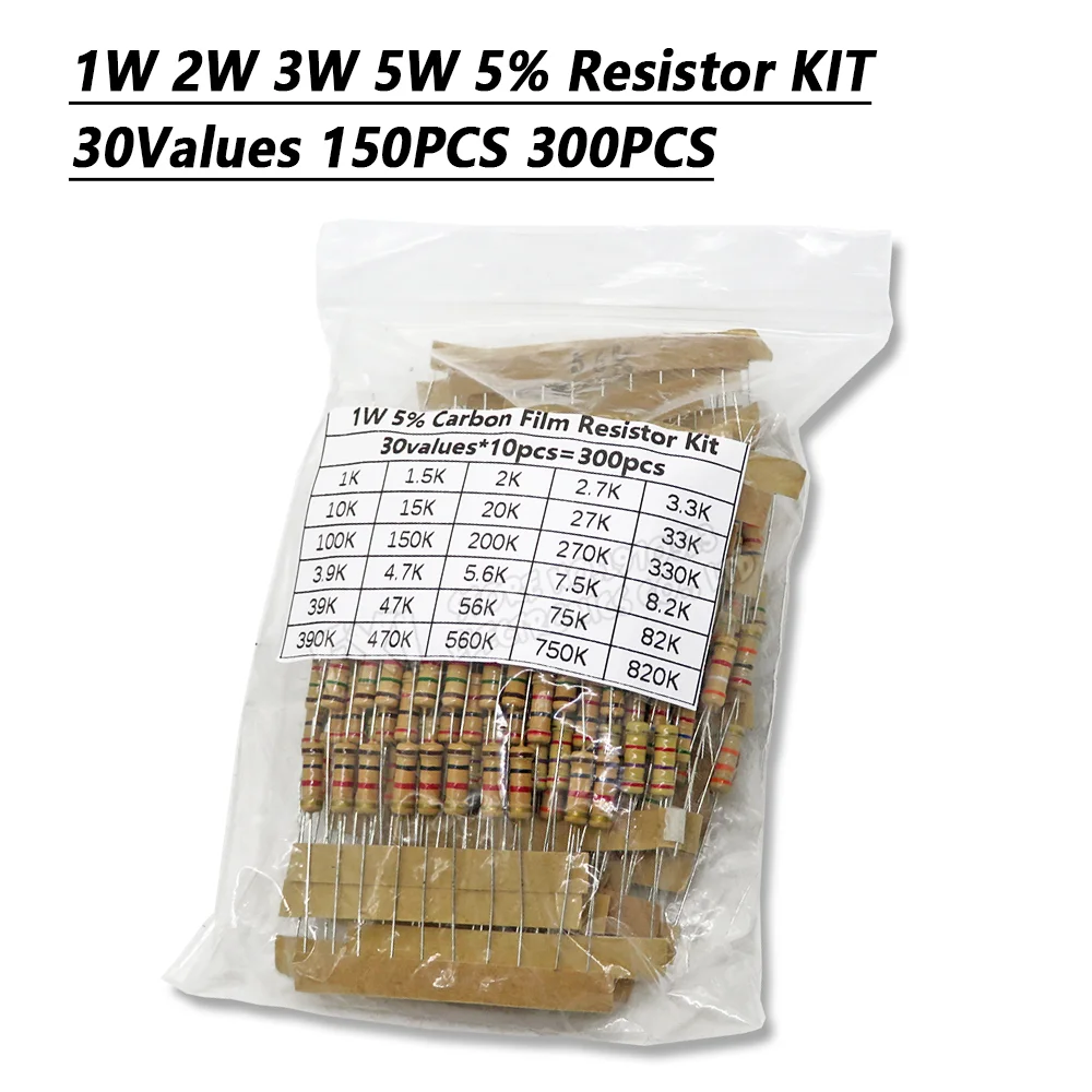 Αγορά AliExpress  150PCS 300PCS Resistor Kit 1W 2W 3W 5W 5% 30Kinds X  10PCS Carbon Film Resistance 0.1-750 ohm Set 1k-820K 30Kinds X 5PCS