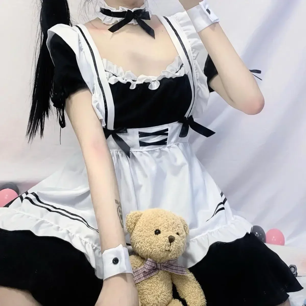 2024 6pcs Set Cute Maid Costume Cosplay Hand GameRed Wine Sweet Maid Costume Lolita Anime Cosplay-animated-img