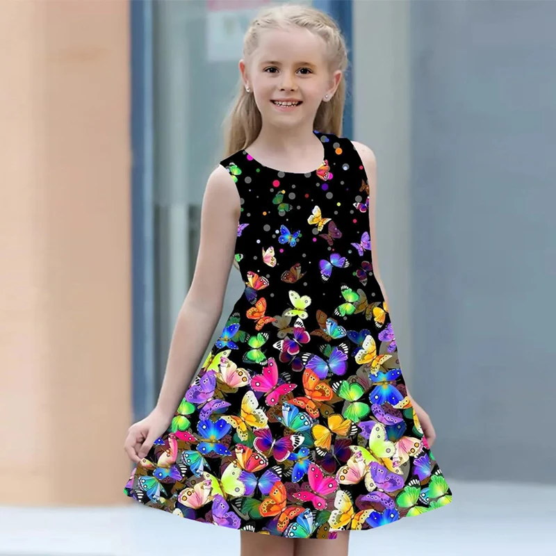 Summer Girls Dresses 2 to 8 Years 2024 Kids Clothes Casual Sleeveless O-neck Butterfly 3D Print Princess Dress For Girls-animated-img