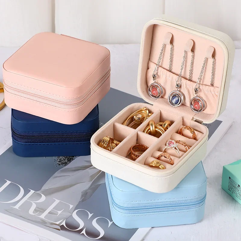 Jewelry Organizer Portable Jewelry Box Earrings Necklace Display Case Travel Leather Storage with Zipper Ring Organizer-animated-img
