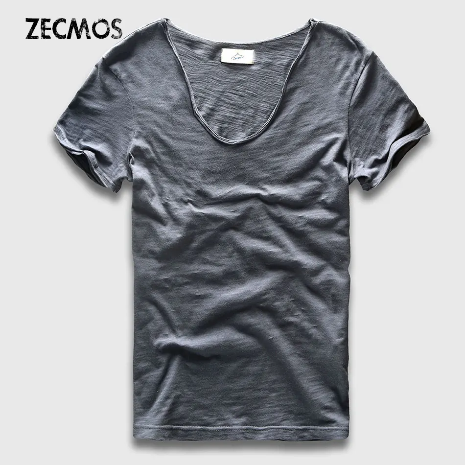 Men Basic T-Shirt Solid Cotton V Neck Slim Fit Male Fashion T Shirts Short Sleeve Top Tees 2017 Brand-animated-img