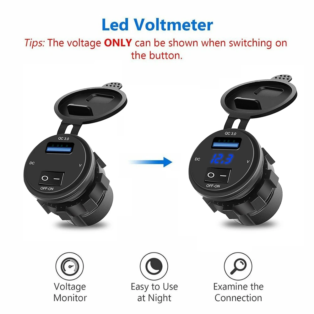 Fast Charger QC3.0 USB Charging Socket for 12V 24V Car USB Outlet Waterproof Charger Socket with Voltage Display Voltmeter-animated-img