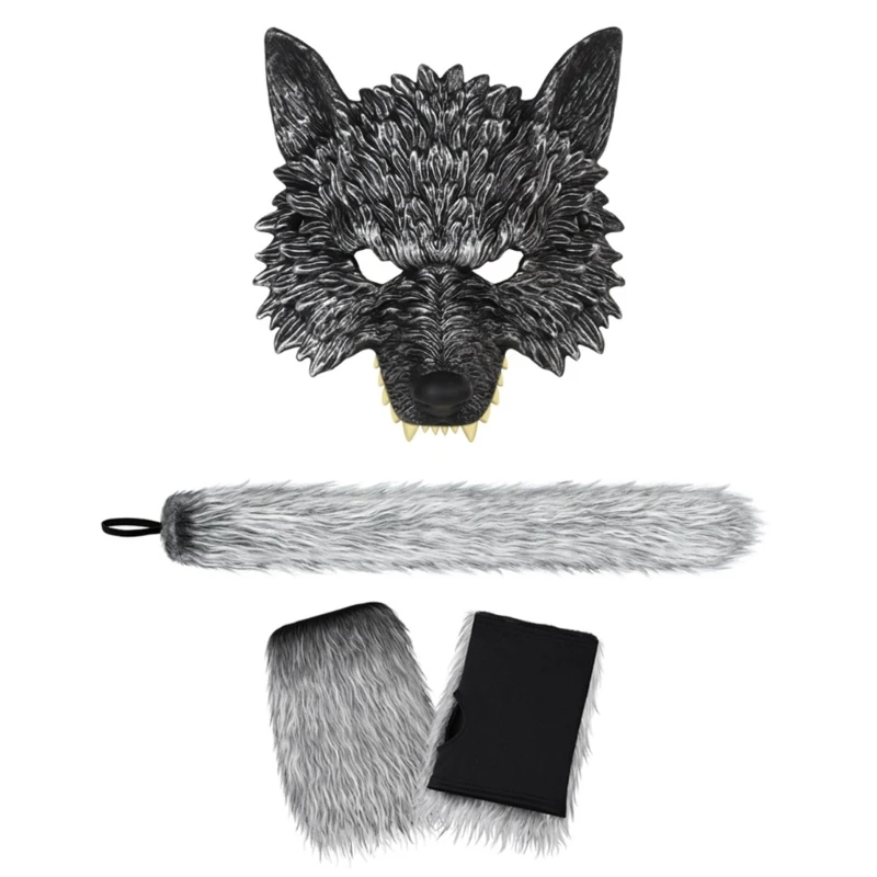 2/3Pcs Halloween Costume Wolf Suit Wolf Mask,Wolf Foxes Tail,Gloves Set Halloween Dress-Up Accessories Gift-animated-img