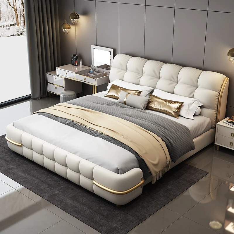 High End Glamorous Double Bed Designer Luxury White Modern Floor Twin Bed Wood Leather Camas De Casal Bedroom Furniture-animated-img