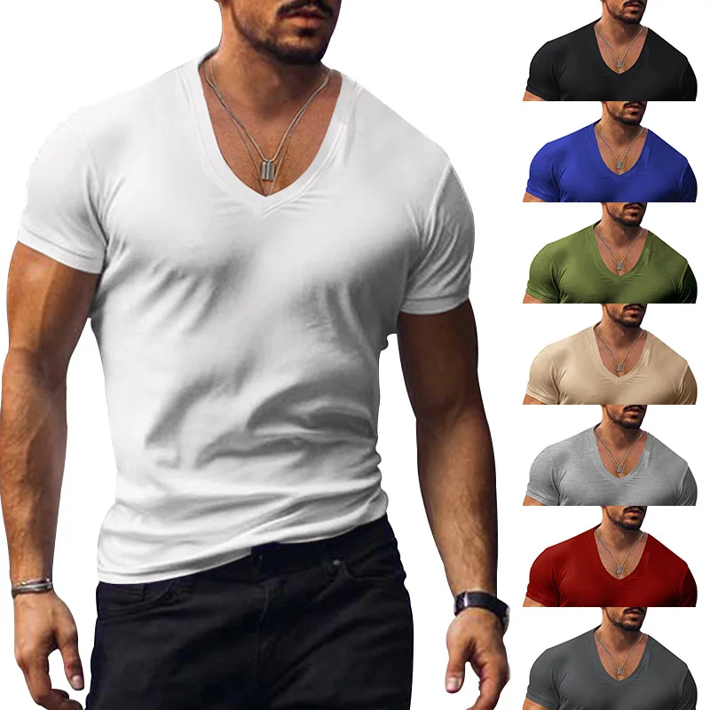 Men T-shirts Casual Male V Neck Short Sleeve Slim Breathable Tee Shirt Tops CBFS-23056-B-animated-img