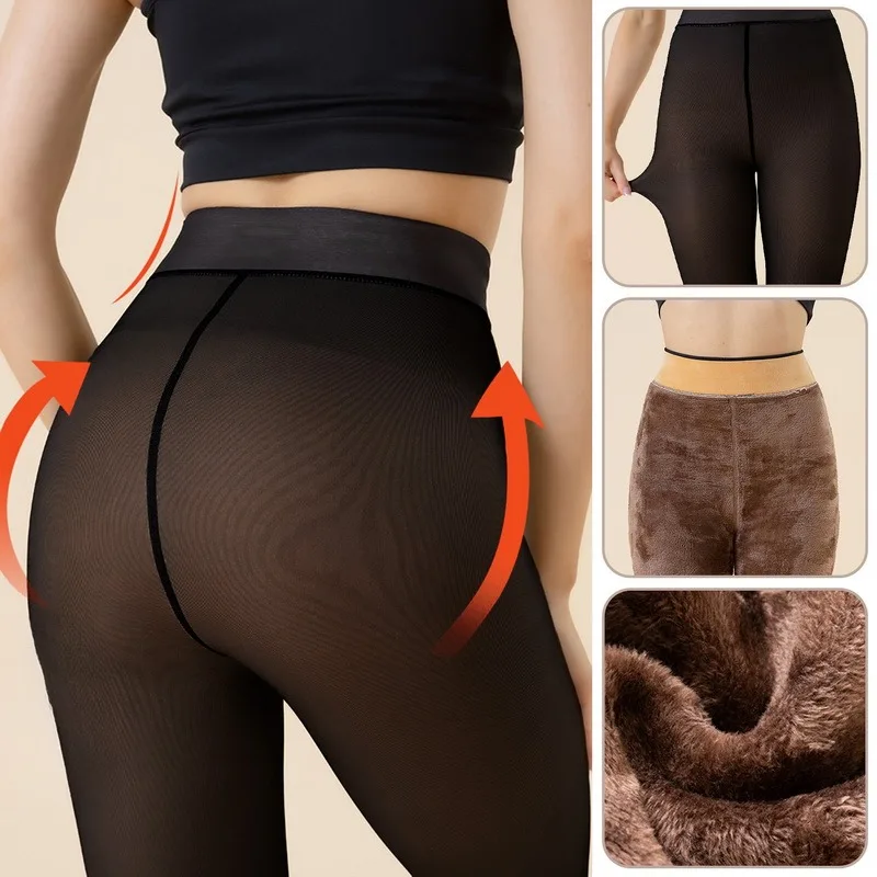 קנו אלי אקספרס  Large Size Winter Warm Leggings Fake Translucent Pantyhose  Women Fleece Lined Tights High Waist Thermal Stocking Insulated Pants