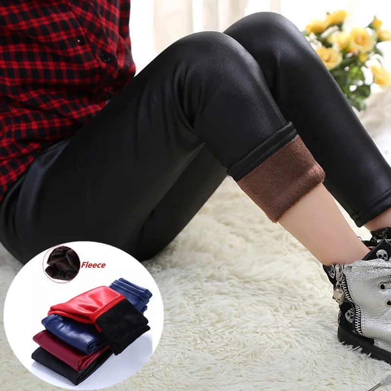 קנו אלי אקספרס  Kids Pants Autumn Winter Warm Girls PU Leather Pencil  Pants Children Skinny Black Leather Leggings Girls Plus Velvet Trousers