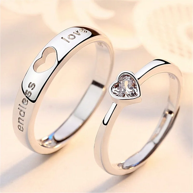 2Pcs/sets Love Heart Matching Couple Rings for Women Men Lover Forever Endless Love Wedding Ring Valentine's Day Dating Jewelry-animated-img