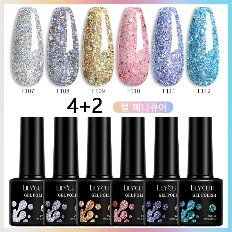 LILYCUTE 7ml 6Pcs/Set Glitter Gel Nail Polish Vernis Semi Permanent Glitter Polish DIY Nail Art Soak Off LED UV Gel-animated-img