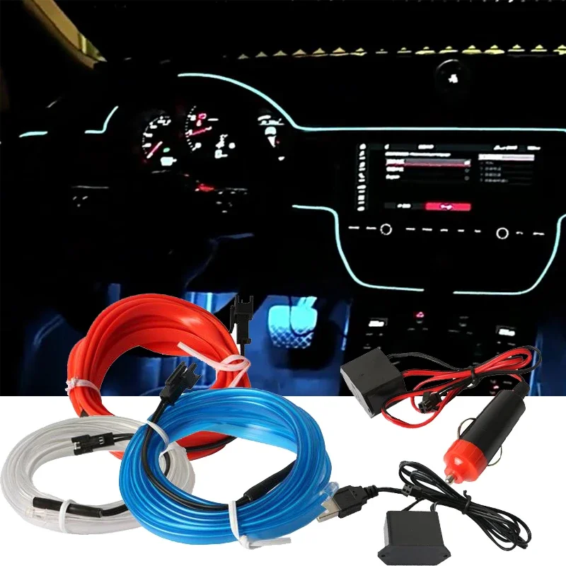 5m Car Interior Accessories Atmosphere Lamp Cold Light Line with USB DIY Decorative Dashboard Console Auto LED Ambient Lights-animated-img
