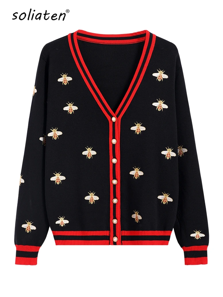 High Quality Fashion Designer Bee Embroidery Cardigan Single Breasted Contrast Color Knitted Sweaters Outwear C-068-animated-img