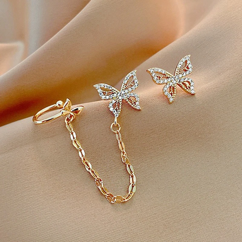 Korean Elegant Cute Rhinestone Butterfly Stud Earrings For Women Girls Fashion Metal Chain Earring Wedding Party Jewelry Gifts-animated-img