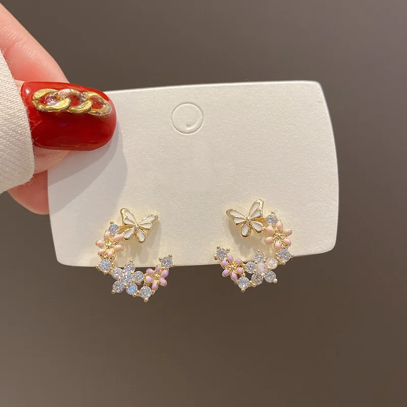 Korean Fashion Flower Butterfly Stud Earrings For Women AAA Zircon Exquisite Leaves Pearl Crystal Earring Party Wedding Jewelry-animated-img