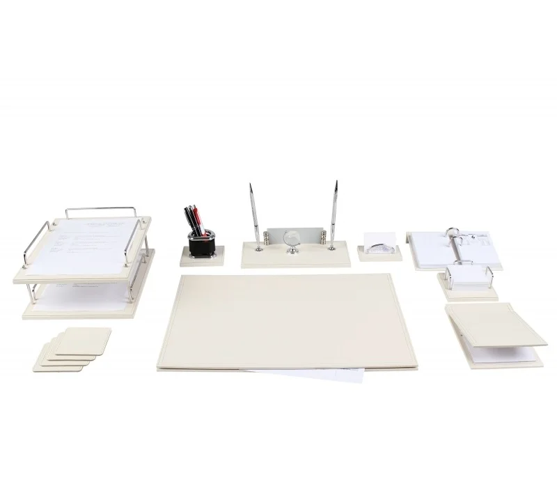 white leather desk set