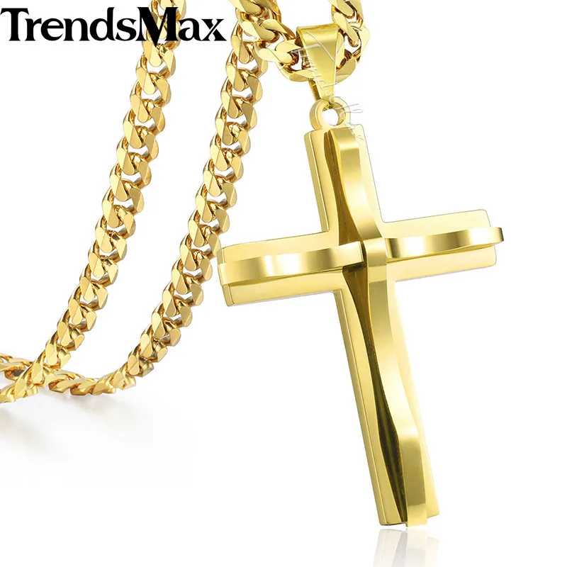 Trendsmax Cross Pendant Necklace Men's Chain Stainless Steel Curb Cuban Link Black Gold Color Silver Color Gift Jewelry KKPM137-animated-img