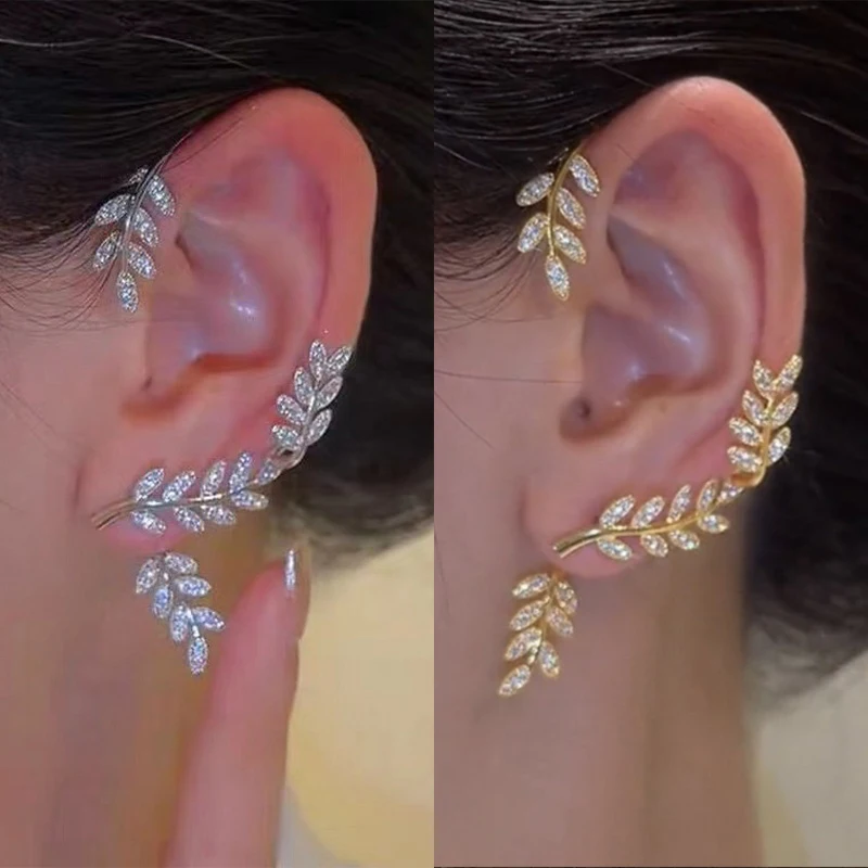 Exquisite Sparkling Zircon Leaves Ear Cuff Stud Earring for Women Silver Color Cubic Zirconia Earrings Party Jewelry-animated-img