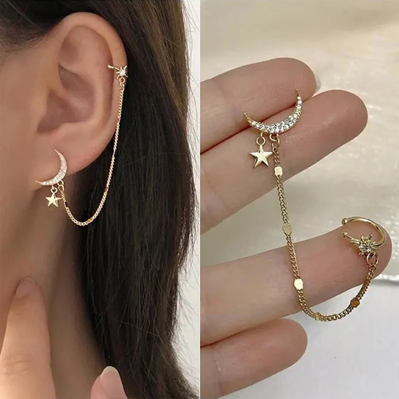 1PC New Fashion Gold Color Moon Star Clip Earrings For Women Simple Butterfly Fake Cartilage Long Tassel Ear Cuff Jewelry Gifts-animated-img