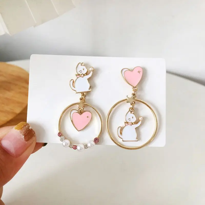 Cute Cat Rabbit Asymmetry Pearl Stud Earrings For Women Moon Star Flower Animal Statement Earring Girl Party Wedding Jewelry-animated-img